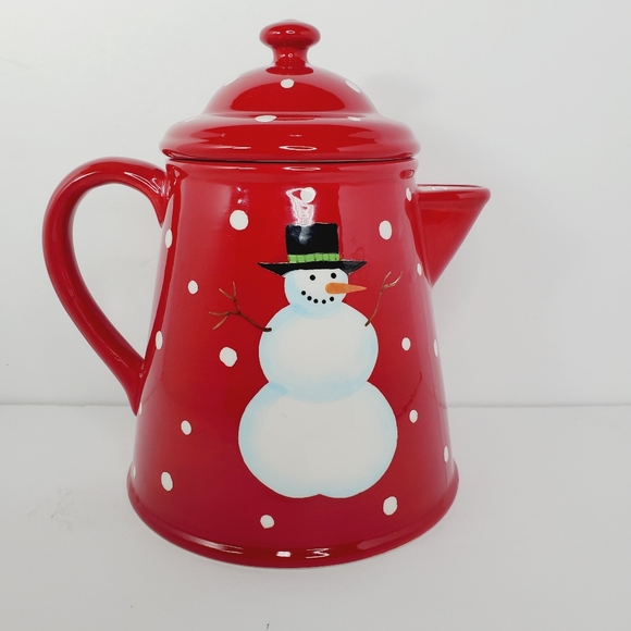 Red Christmas Snowman Teapot Ceramic - Picture 4 of 7